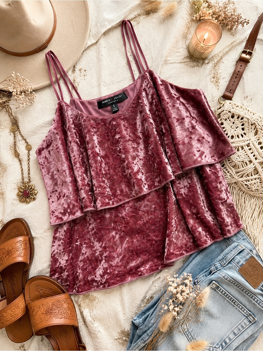 Romeo + Juliet Couture Crushed Velvet Tiered Cami Mauve Pink | Boho Romantic | S